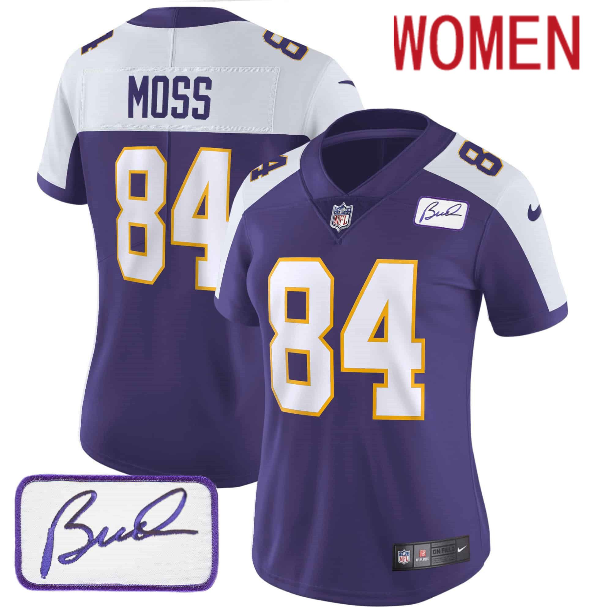 Women Minnesota Vikings 84 Moss Purple 2024 Nike Bud Grant Patch Classic Limited NFL Jersey